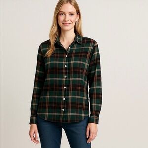 Woman Sz Small Flannel Button Down Shirt Green Plaid